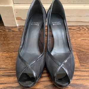 STUART WEITZMAN Peep Toe Heels, Black Patent 7.5